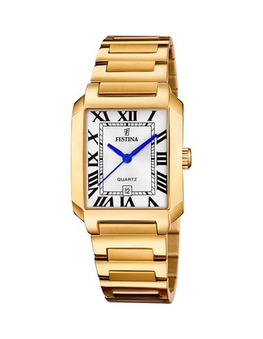 Reloj Hombre Acero Ip Dorado Festina Cronógrafo Esfera Azul.