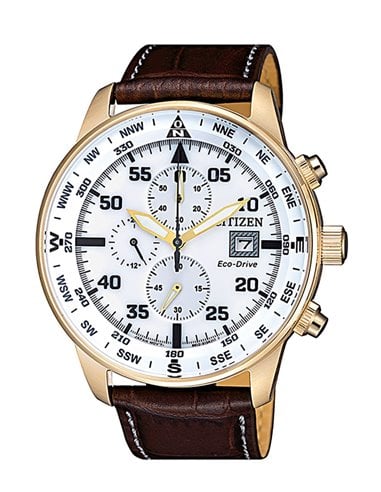 Relógio Masculino Citizen CA0693-12A Aviator Mostrador Branco e Caixa Dourada
