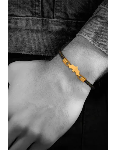 Pulseira Police PEAGB0034702 Batarang Dourada e Couro Preto