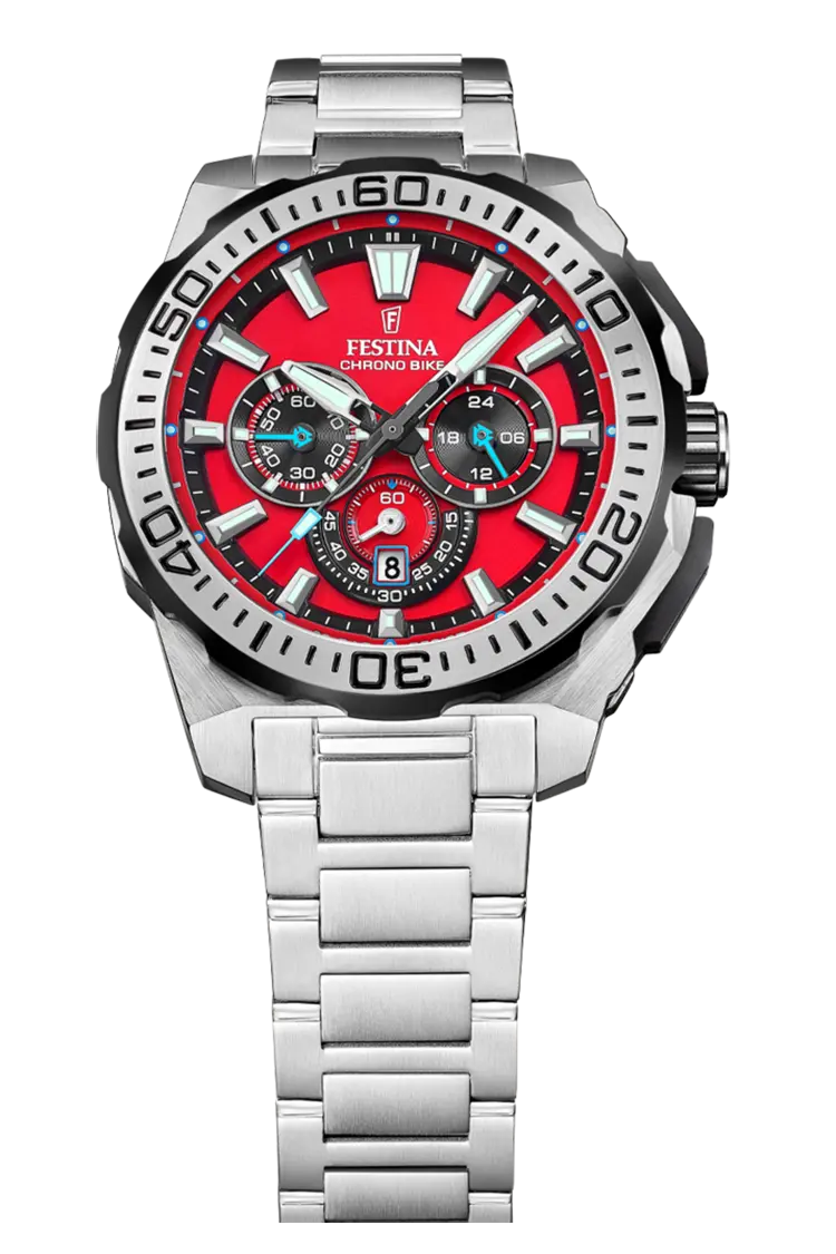 Silver Chrono Bike with Red Dial
