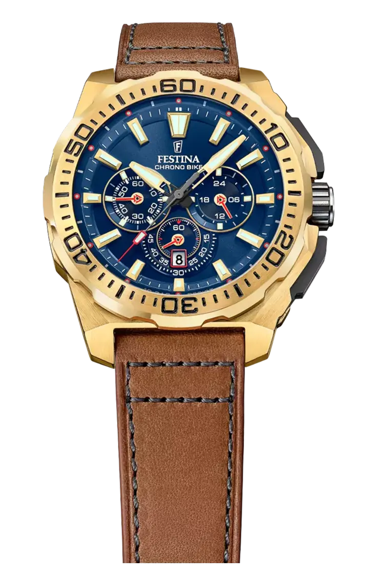 Chrono Bike Dourado com Correia de Couro