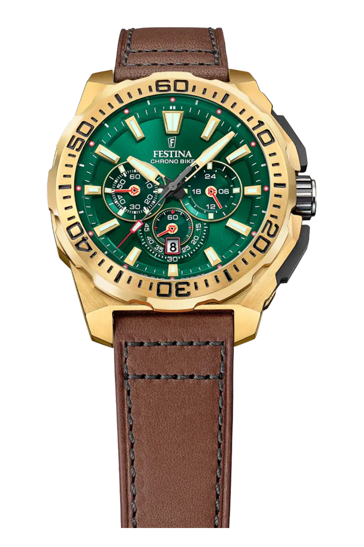 Chrono Bike mit Grünem Zifferblatt und Lederarmband
