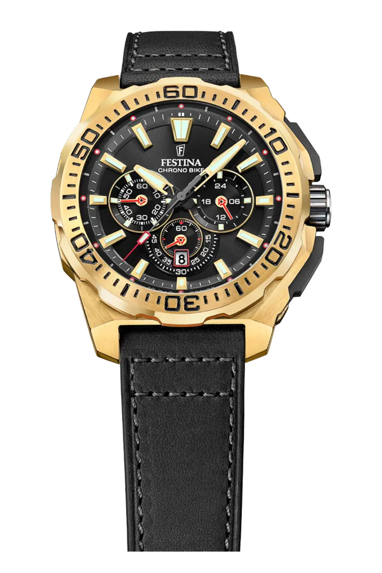 Chrono Bike avec Cadran Noir et Bracelet en Cuir